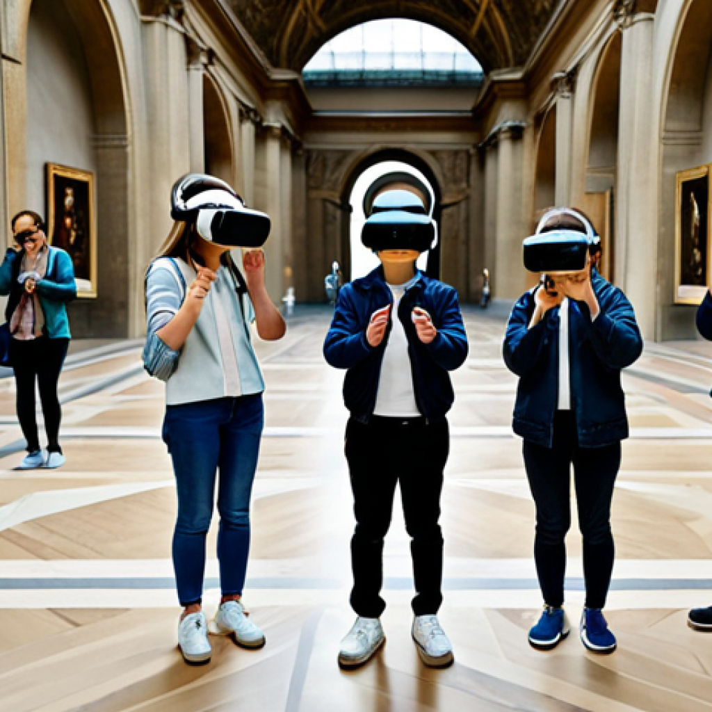 VR로 가상 여행 - **Prompt:** A family-friendly scene of a group of fully clothed people wearing VR headsets, virtuall...