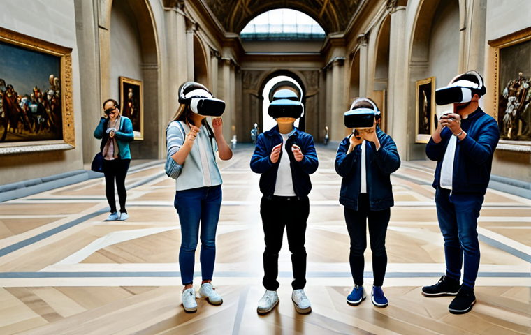 VR로 가상 여행 - **Prompt:** A family-friendly scene of a group of fully clothed people wearing VR headsets, virtuall...