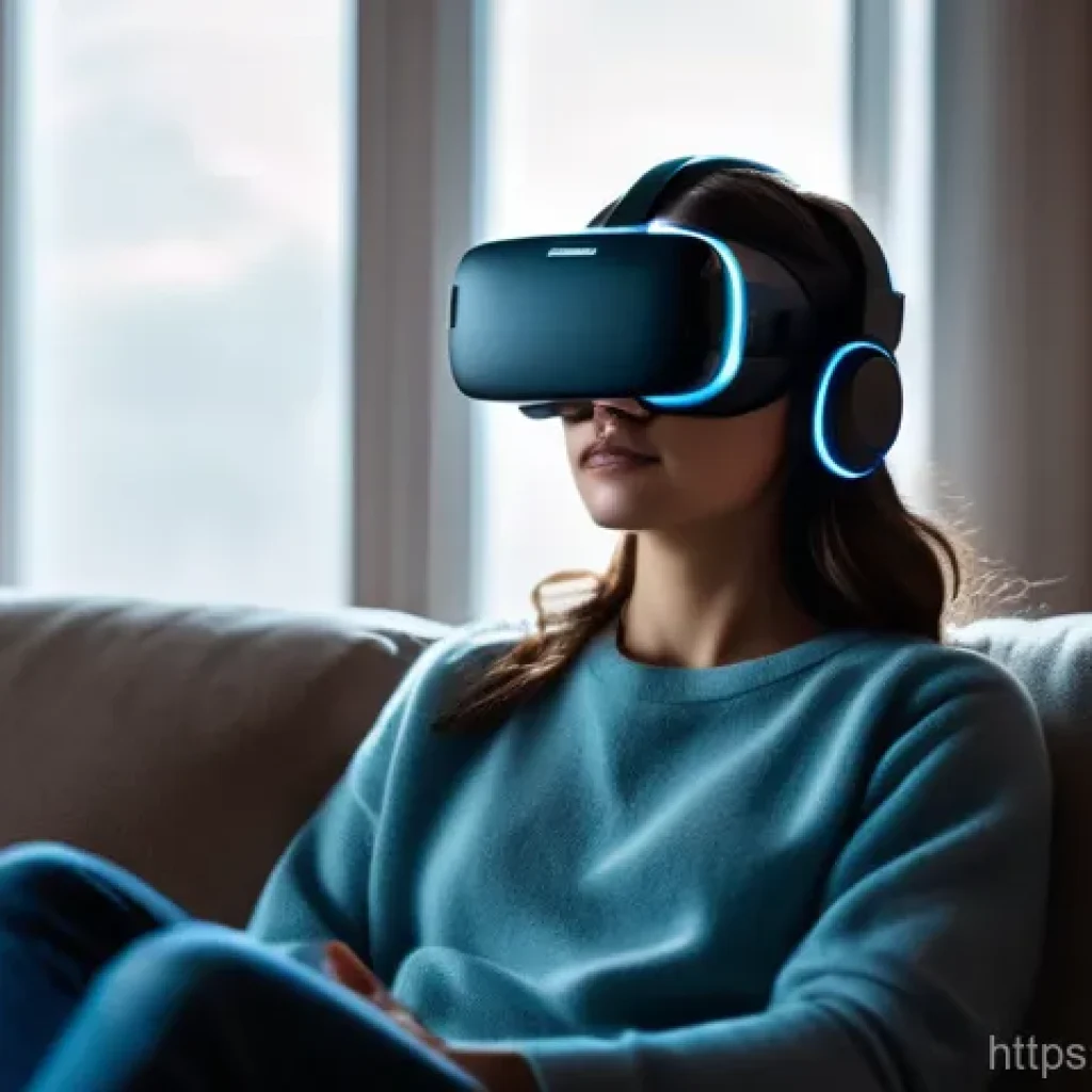 VR 영화관 - **Prompt:** A young adult, male or female, sits comfortably on a modern sofa in a softly lit living ...