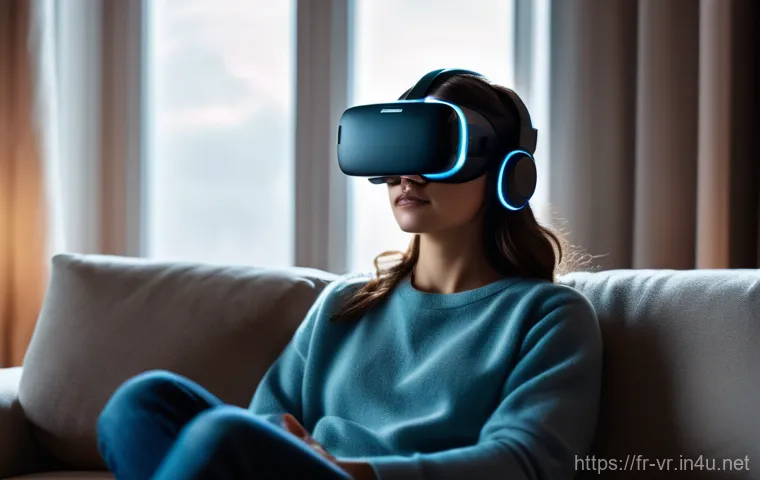 VR 영화관 - **Prompt:** A young adult, male or female, sits comfortably on a modern sofa in a softly lit living ...