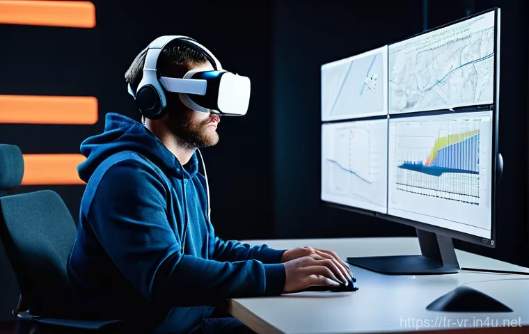 게임 개발을 위한 VR 기술 - **Prompt 1: VR Game Optimization in a Modern Studio**
"A highly focused game developer, wearing ...