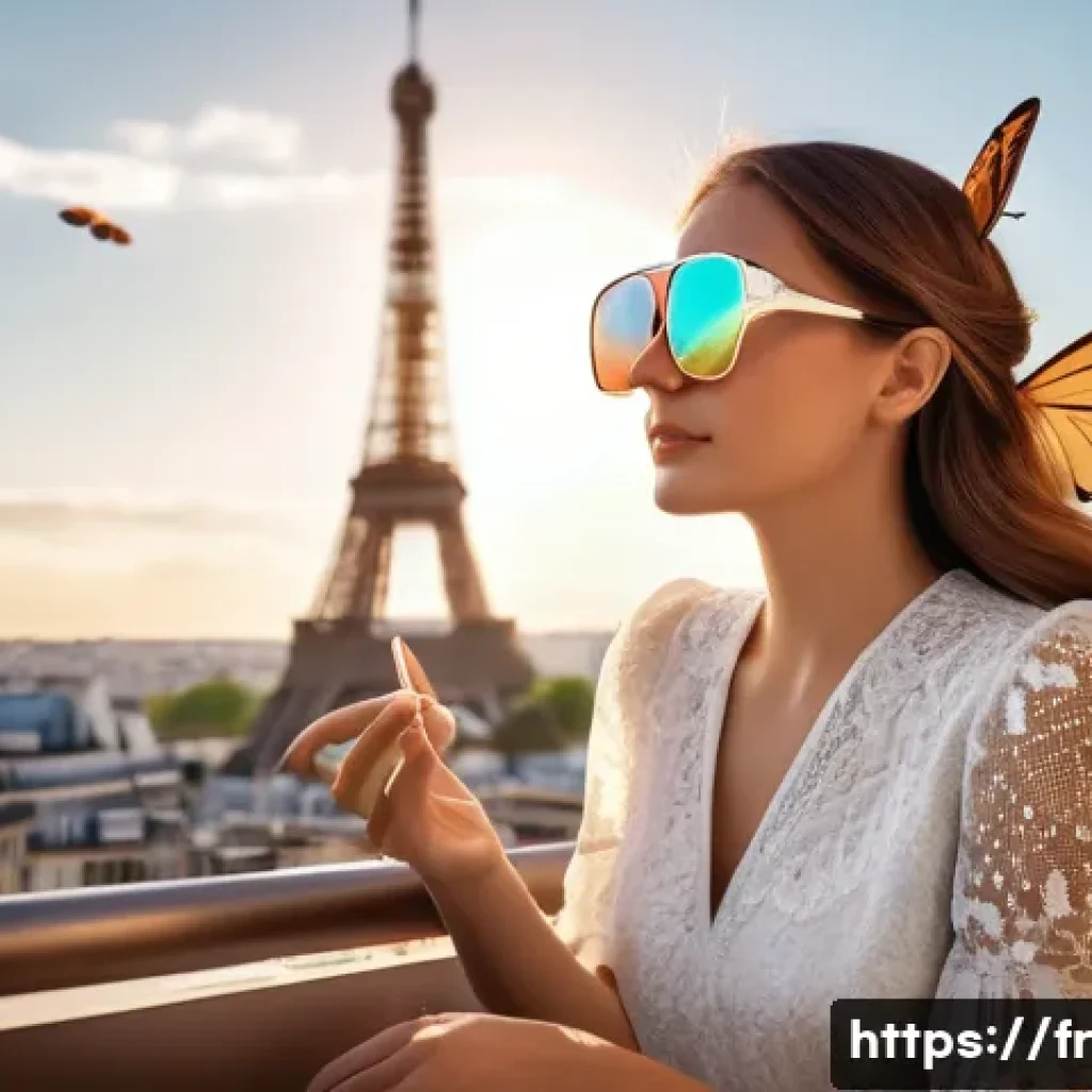 가상현실에서의 신체 반응 - **Prompt:** A young woman is sitting on a modern Parisian apartment balcony, wearing stylish sunglas...