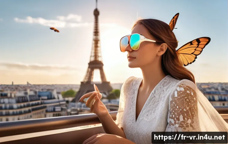 가상현실에서의 신체 반응 - **Prompt:** A young woman is sitting on a modern Parisian apartment balcony, wearing stylish sunglas...