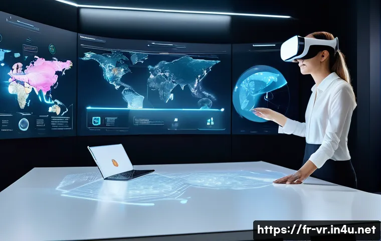 VR 비즈니스 활용 - **Prompt 1: Collaborative Virtual Workspace**
A diverse team of professionals, aged 30-50, weari...