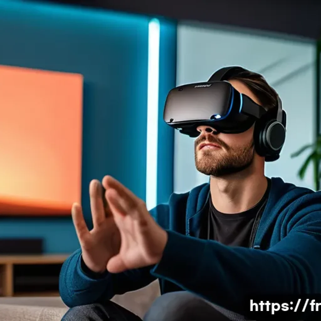 가상현실에서의 몰입감 - A person wearing a sleek, lightweight VR headset with a wide field of view, sitting comfortably in a...