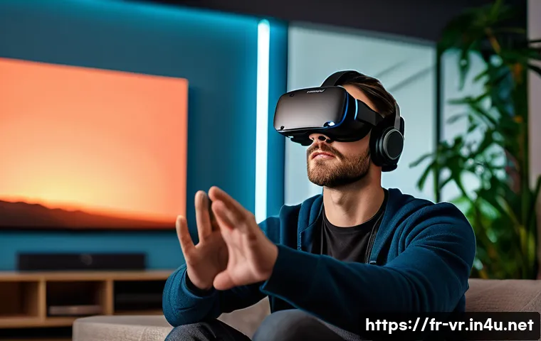 가상현실에서의 몰입감 - A person wearing a sleek, lightweight VR headset with a wide field of view, sitting comfortably in a...