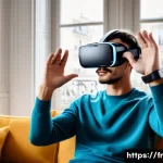 가상현실 기업 사례 - A sleek, modern virtual reality headset designed for comfort and wireless freedom, worn by a young a...