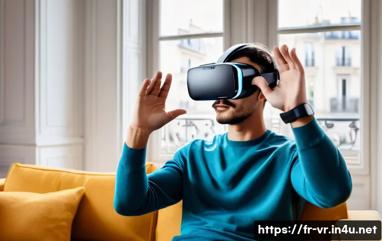 가상현실 기업 사례 - A sleek, modern virtual reality headset designed for comfort and wireless freedom, worn by a young a...