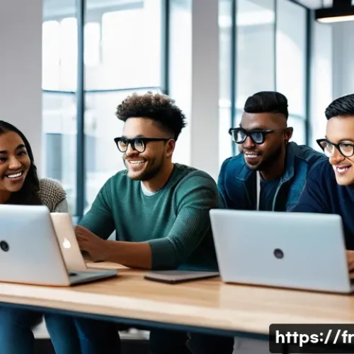 VR 개발자 커뮤니티 - A vibrant and diverse group of software developers collaborating in a modern co-working space filled...