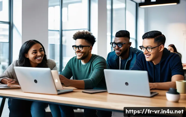 VR 개발자 커뮤니티 - A vibrant and diverse group of software developers collaborating in a modern co-working space filled...