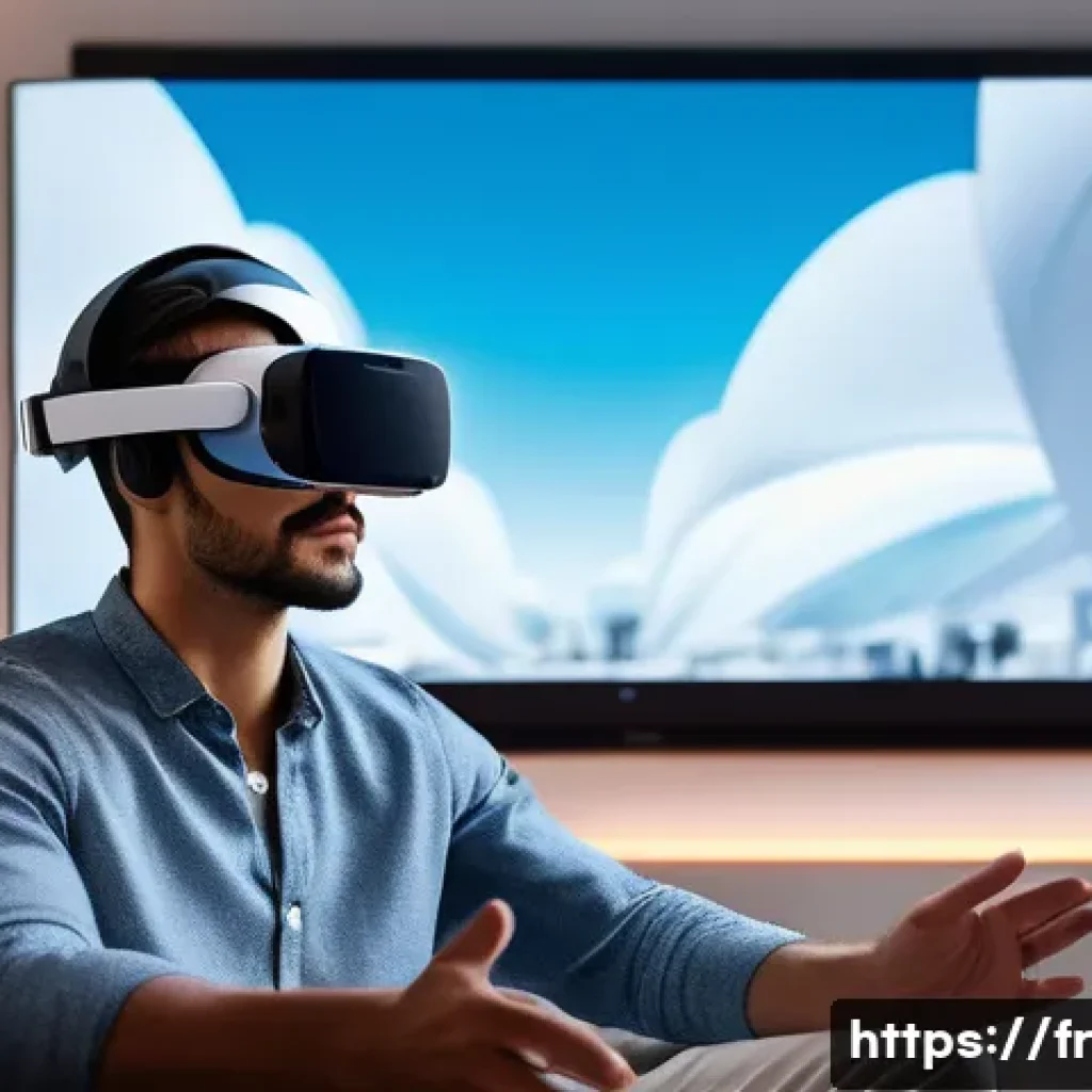 360도 비디오 - A high-tech virtual reality setup in a modern French living room, featuring a person wearing a sleek...