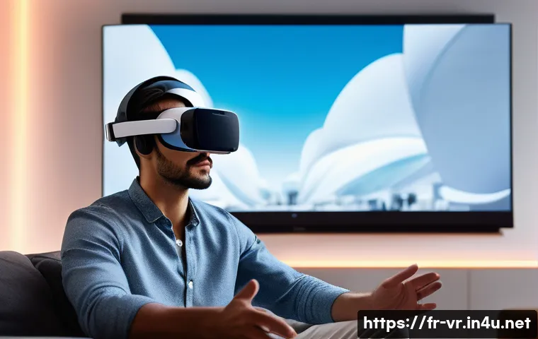 360도 비디오 - A high-tech virtual reality setup in a modern French living room, featuring a person wearing a sleek...