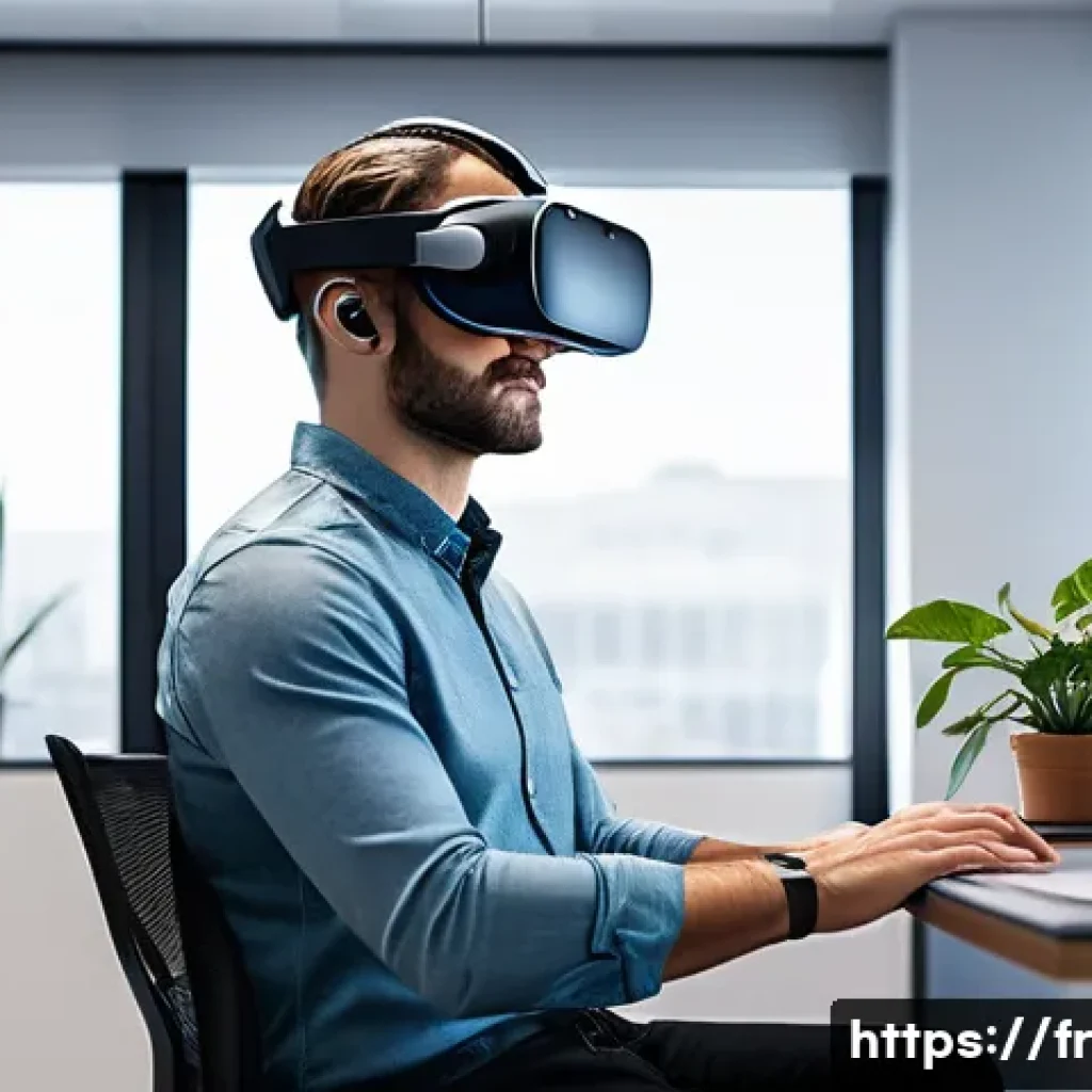 VR을 이용한 원격 근무 - A modern virtual reality workspace tailored for a professional user, featuring a sleek minimalist de...