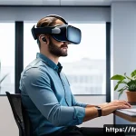 VR을 이용한 원격 근무 - A modern virtual reality workspace tailored for a professional user, featuring a sleek minimalist de...