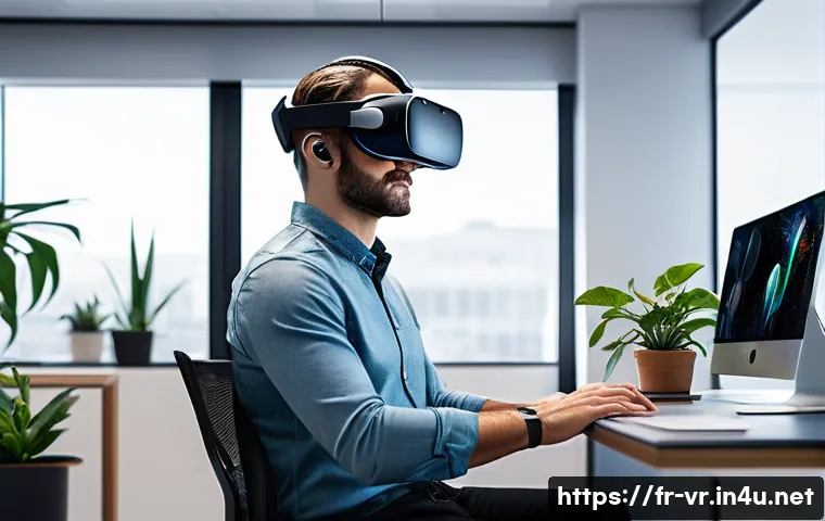 VR을 이용한 원격 근무 - A modern virtual reality workspace tailored for a professional user, featuring a sleek minimalist de...