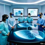 VR 기업 투자 - A futuristic scene showing a professional medical training session using virtual reality: a diverse ...
