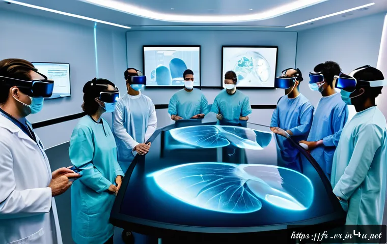 VR 기업 투자 - A futuristic scene showing a professional medical training session using virtual reality: a diverse ...