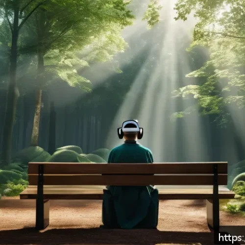 VR 심리치료 - A serene virtual reality therapy session set in a tranquil forest clearing during early morning ligh...