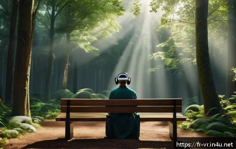 VR 심리치료 - A serene virtual reality therapy session set in a tranquil forest clearing during early morning ligh...