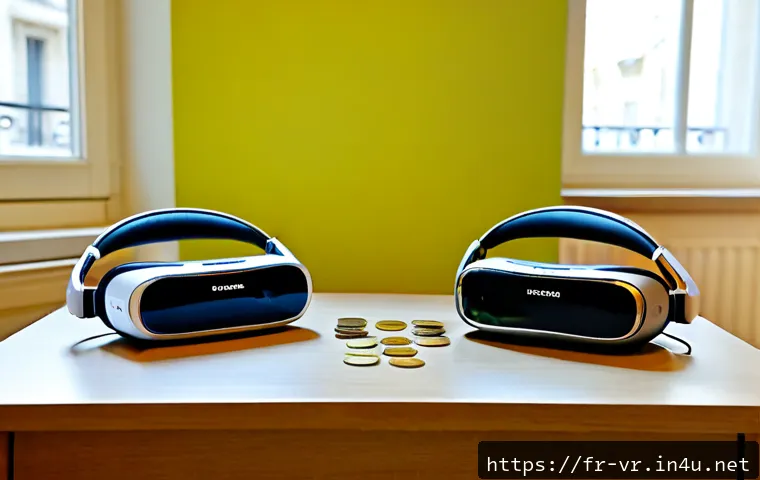 VR의 가격 비교 - Photorealistic side-by-side comparison of two unbranded virtual reality headsets on a clean modern d...